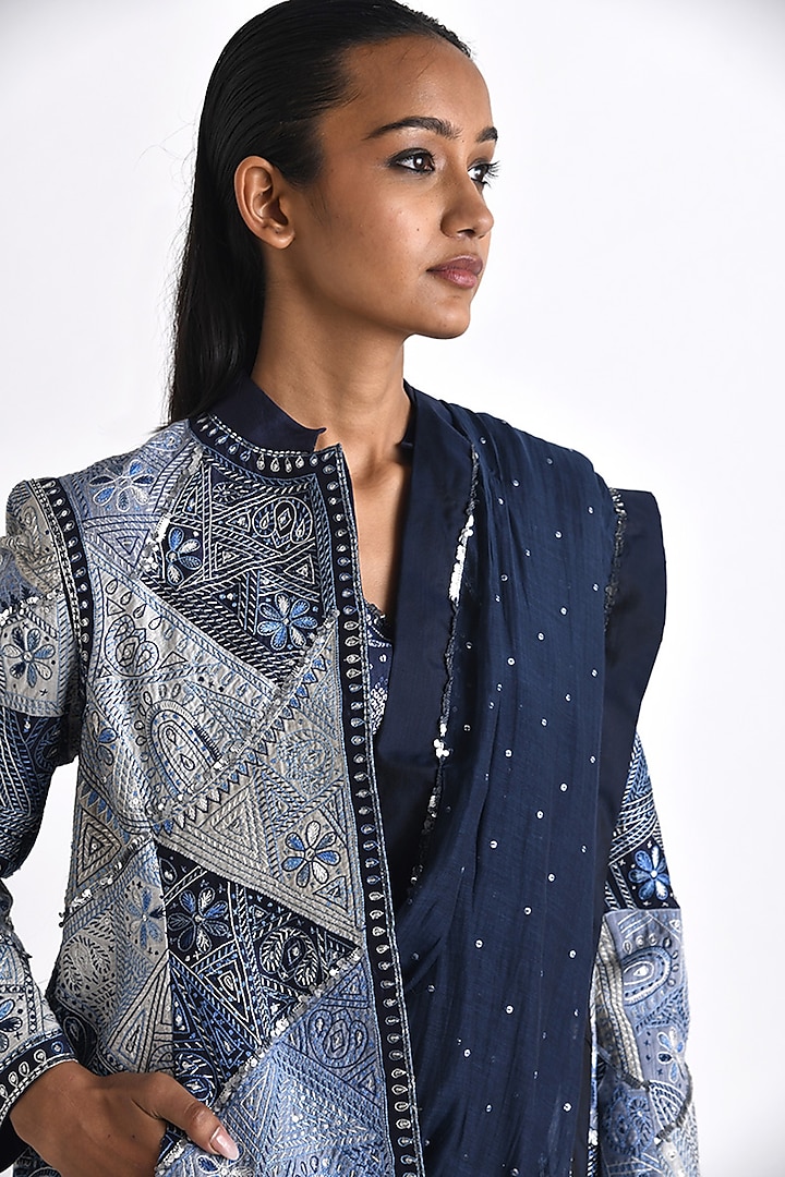 Navy Chanderi Sequins Work Wedding Saree by Payal Pratap at Pernia's Pop Up Shop