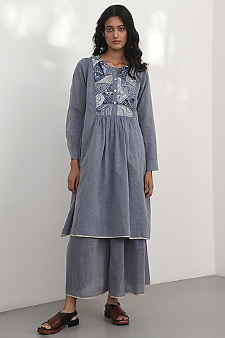 Blue Chambray Cotton Hand Embroidered Tunic by Payal Pratap