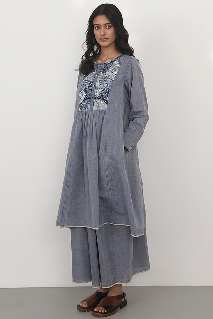 Blue Chambray Cotton Hand Embroidered Tunic by Payal Pratap at Pernia's Pop Up Shop