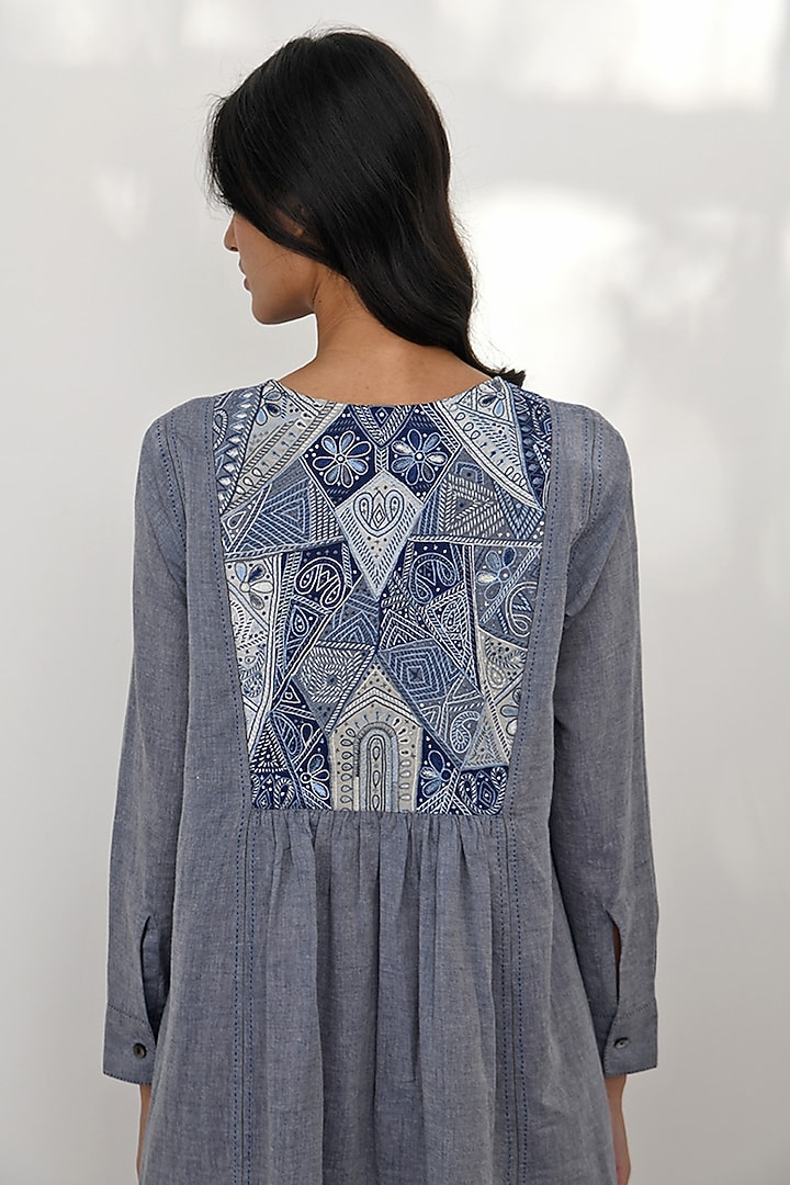 Blue Chambray Cotton Hand Embroidered Tunic by Payal Pratap at Pernia's Pop Up Shop