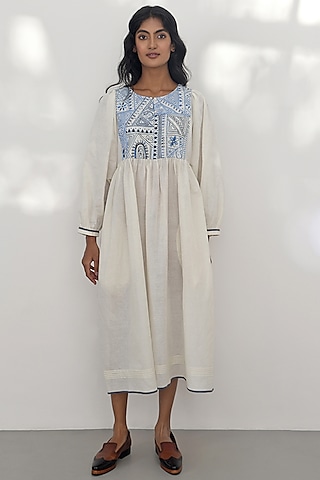 Ivory Handloom Cotton Hand Embroidered Tunic by Payal Pratap