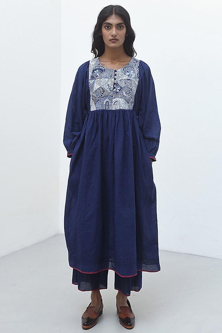 Navy Handloom Cotton Hand Embroidered Tunic by Payal Pratap at Pernia's Pop Up Shop