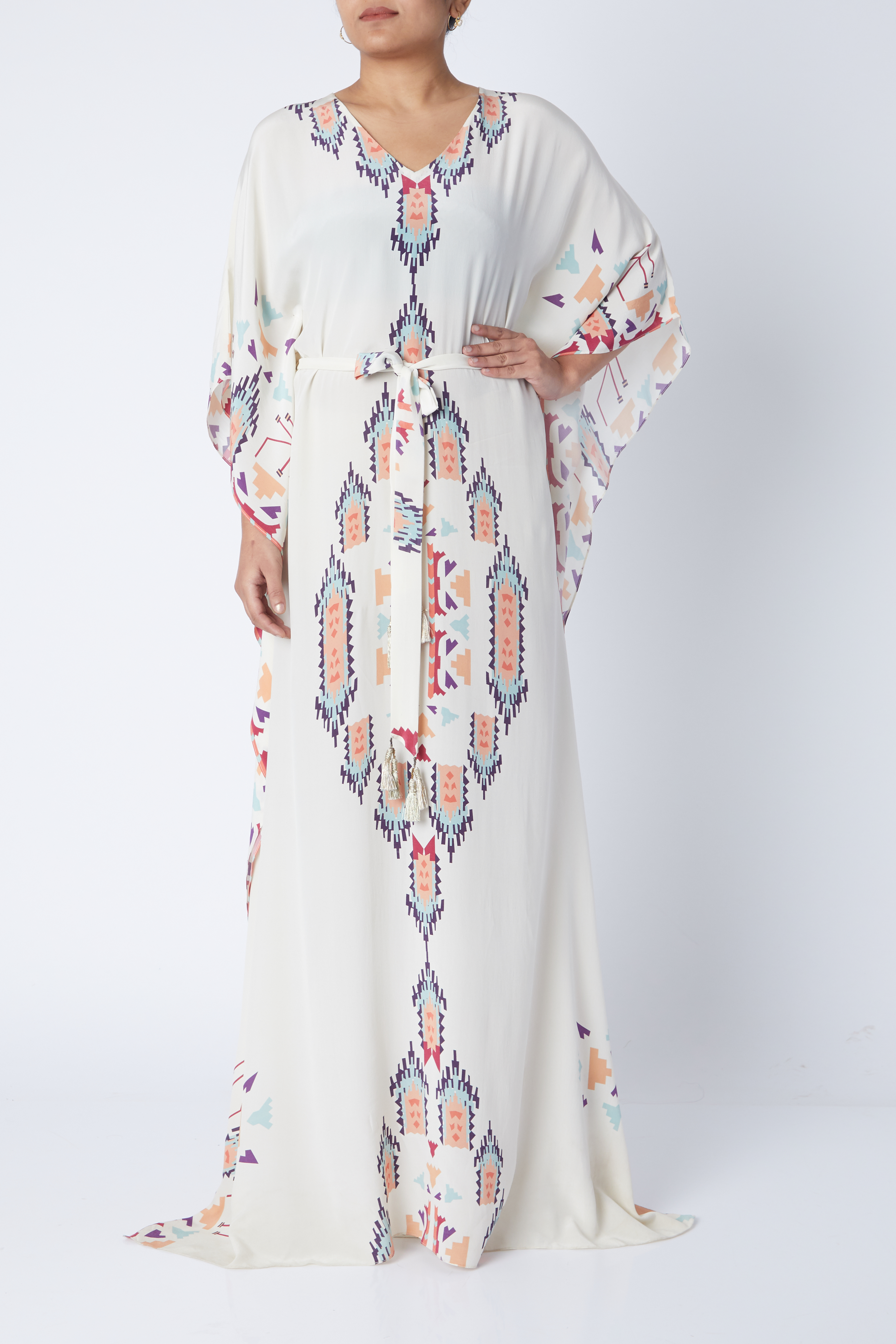 Cream Ikat Printed Kaftaan With Belt by PS Pret by Payal Singhal at Pernia's Pop Up Shop