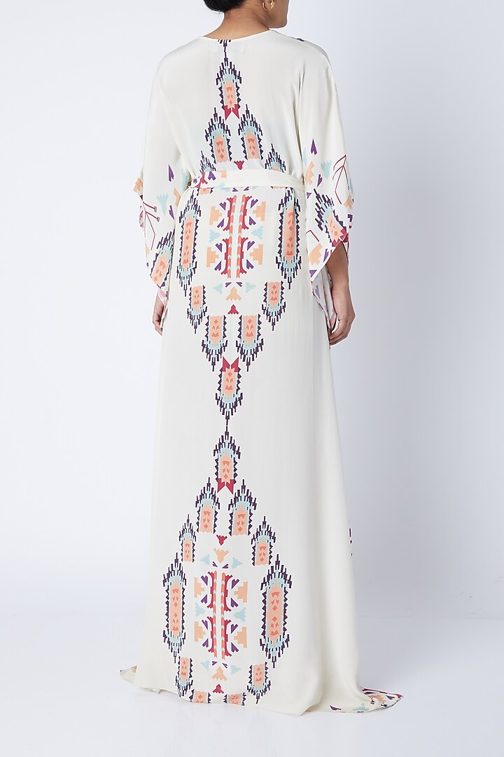 Cream Ikat Printed Kaftaan With Belt by PS Pret by Payal Singhal at Pernia's Pop Up Shop