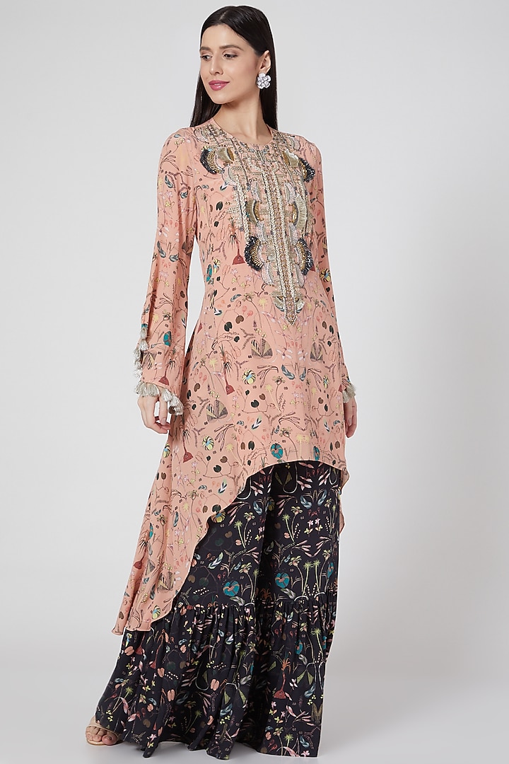 Peach Embroidered & Printed High-Low Kurta Set by Payal Singhal