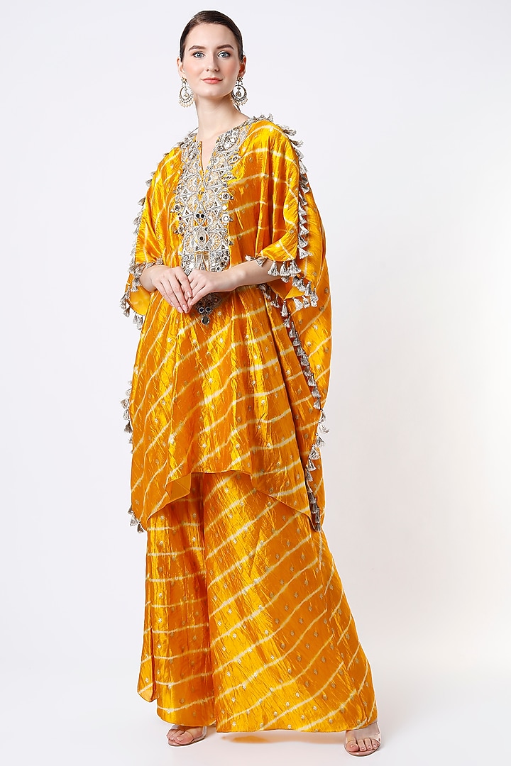 Mustard Leheriya Bandhani Embroidered Kaftan Set by Payal Singhal at Pernia's Pop Up Shop