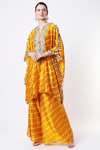 Mustard Leheriya Bandhani Embroidered Kaftan Set by Payal Singhal