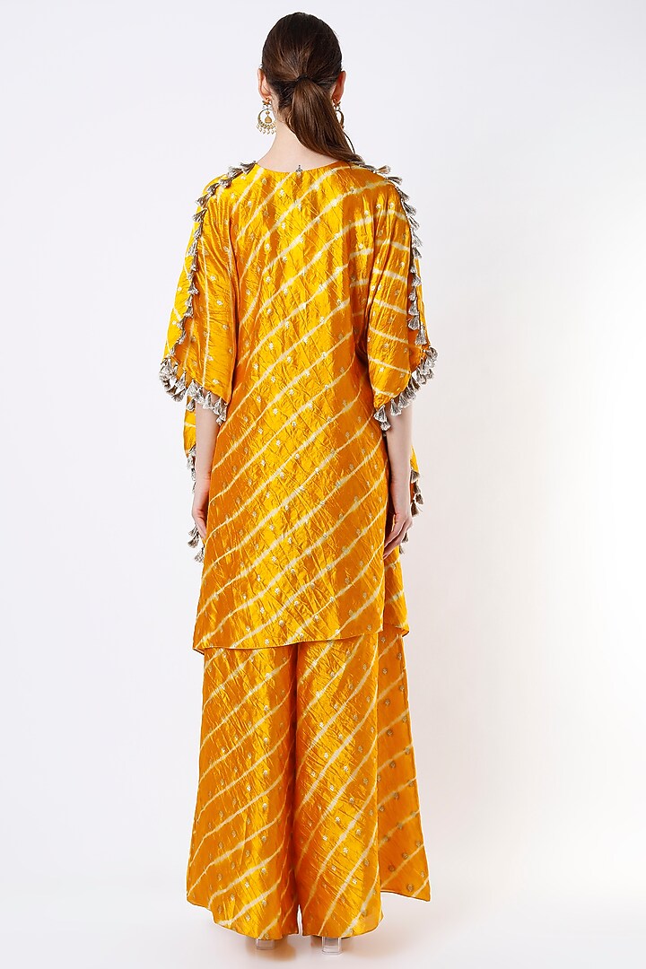 Mustard Leheriya Bandhani Embroidered Kaftan Set by Payal Singhal at Pernia's Pop Up Shop