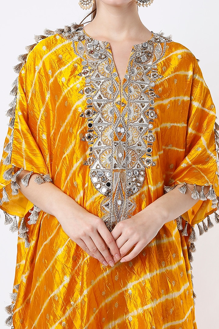 Mustard Leheriya Bandhani Embroidered Kaftan Set by Payal Singhal at Pernia's Pop Up Shop