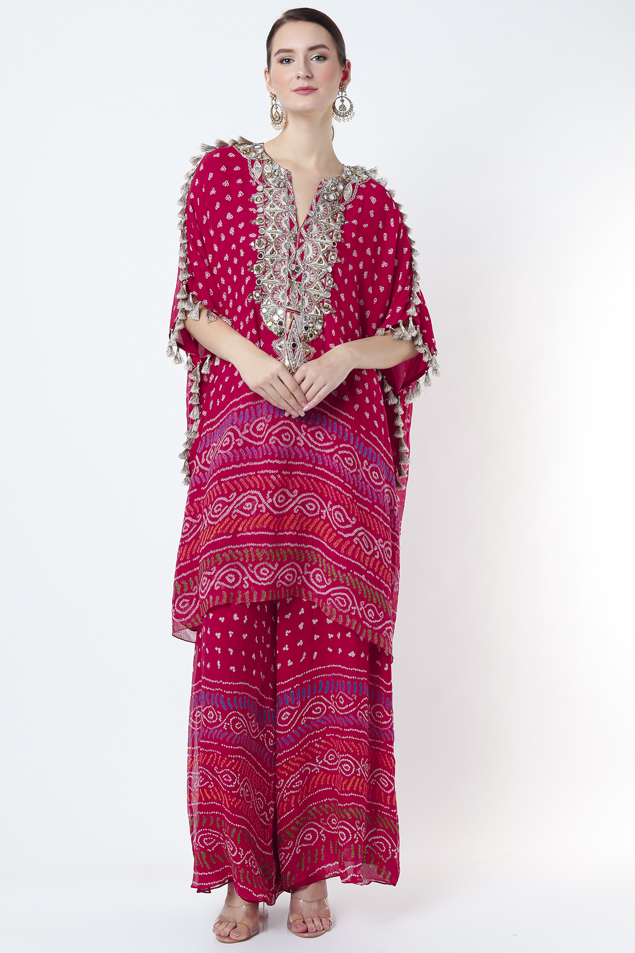 Red Bandhani Kaftan Set by Payal Singhal at Pernia's Pop Up Shop