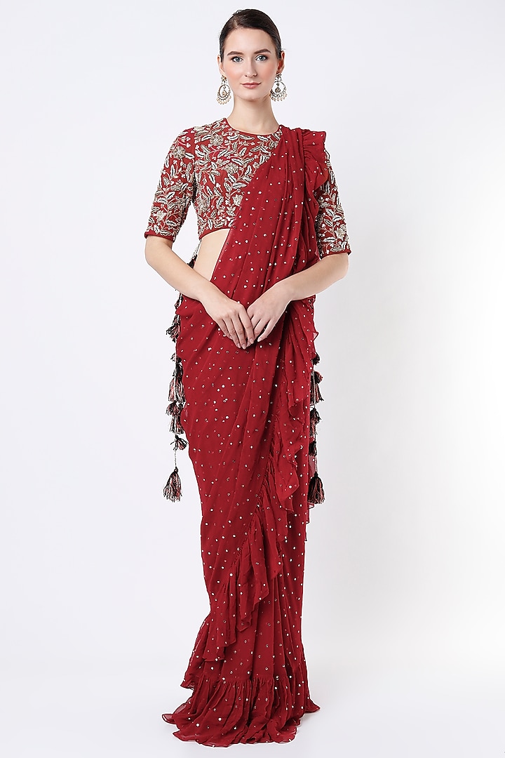 Maroon Pre-Stitched Saree Set by Payal Singhal