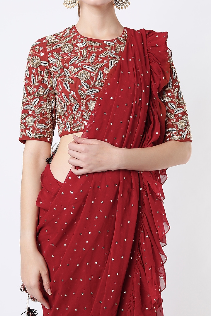 Maroon Pre-Stitched Wedding Saree Set by Payal Singhal at Pernia's Pop Up Shop