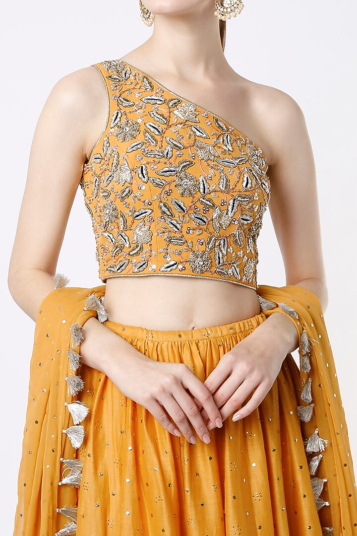 Mustard Mukaish Silk Wedding Lehenga Set by Payal Singhal at Pernia's Pop Up Shop