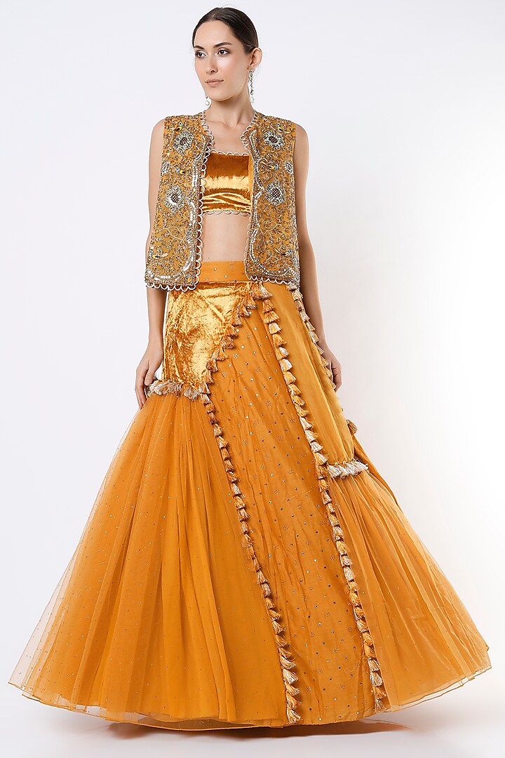 German Mustard Zardosi Embroidered Jacket Wedding Lehenga Set by Payal Singhal at Pernia's Pop Up Shop