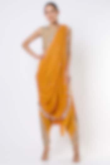 German Mustard Crepe & Mukaish Georgette Embroidered Pant Wedding Saree Set  by Payal Singhal at Pernia's Pop Up Shop