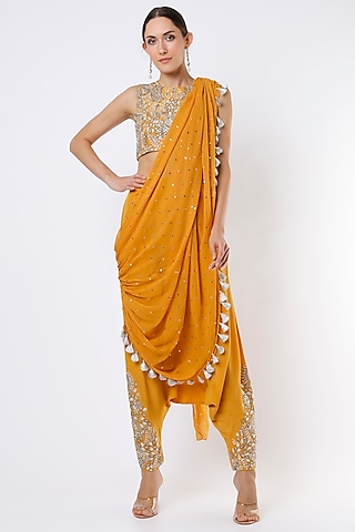 German Mustard Crepe & Mukaish Georgette Embroidered Pant Saree Set  by Payal Singhal