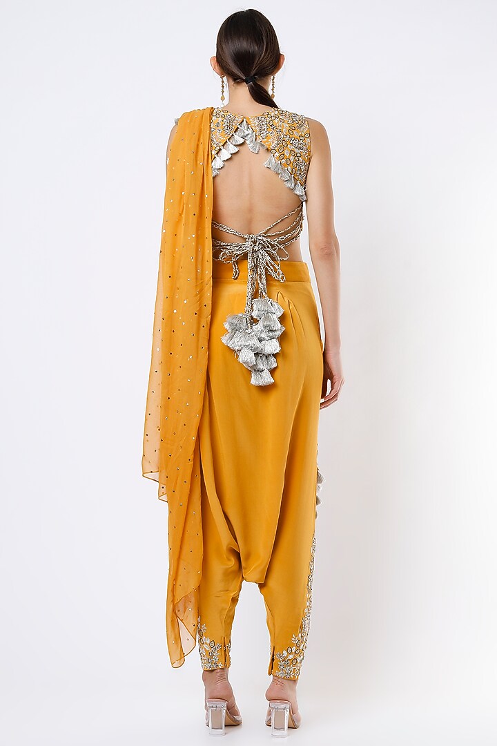 German Mustard Crepe & Mukaish Georgette Embroidered Pant Wedding Saree Set by Payal Singhal at Pernia's Pop Up Shop