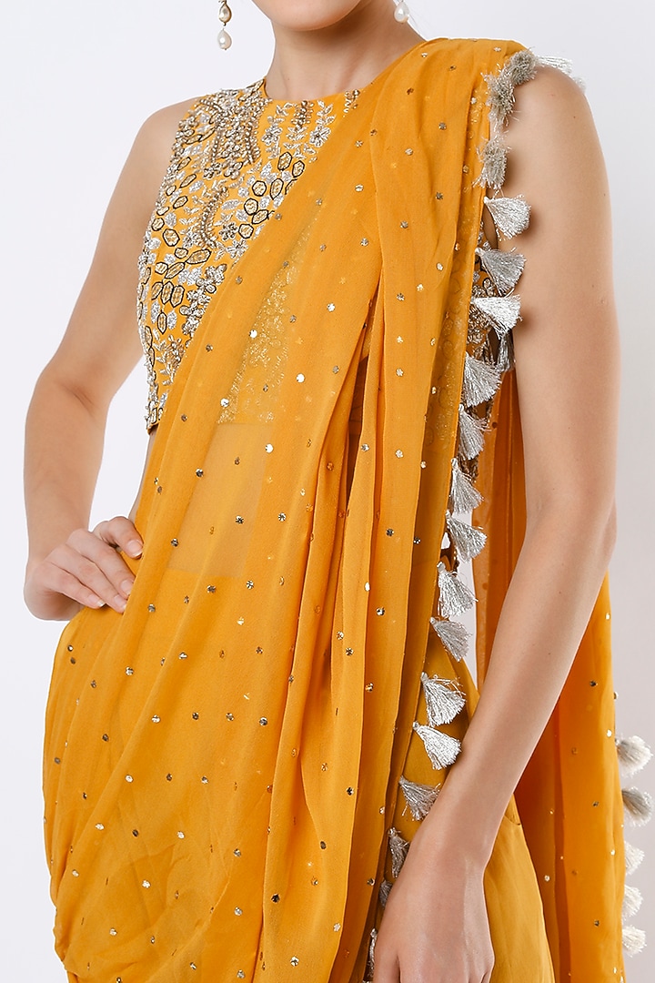 German Mustard Crepe & Mukaish Georgette Embroidered Pant Wedding Saree Set by Payal Singhal at Pernia's Pop Up Shop