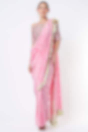 Light Hot Pink Crepe Pre Stitched Saree Set by Payal Singhal