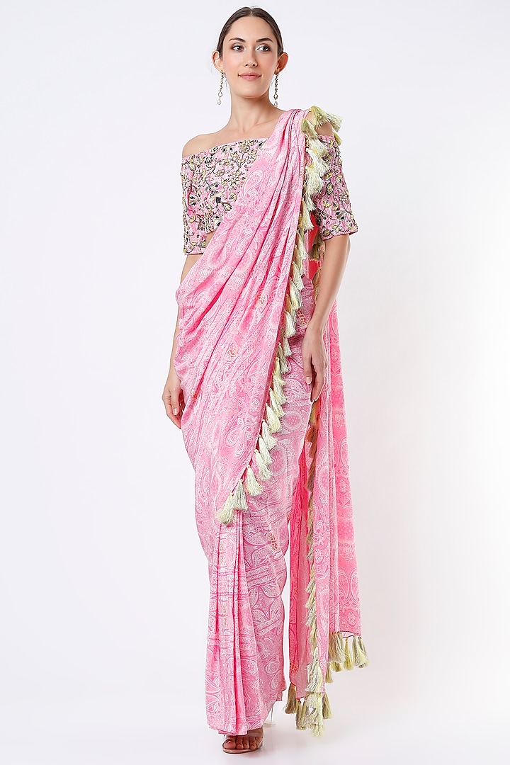 Light Hot Pink Crepe Pre Stitched Saree Set by Payal Singhal