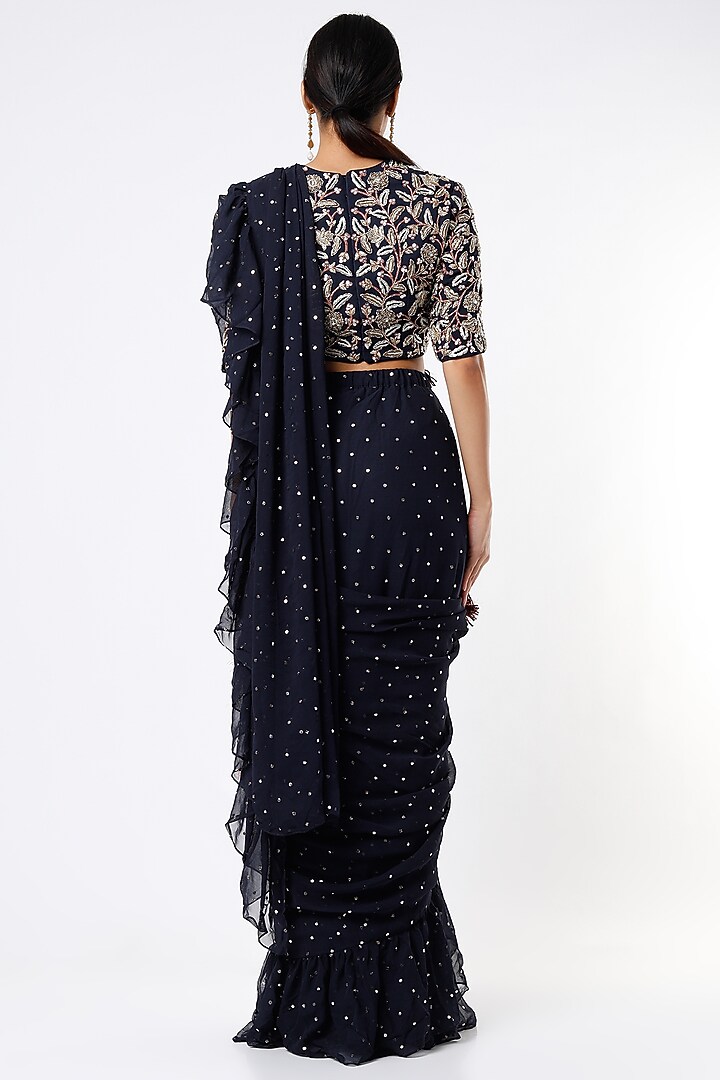 Dark Navy Blue Mukaish Pre-Stitched Wedding Saree Set by Payal Singhal at Pernia's Pop Up Shop