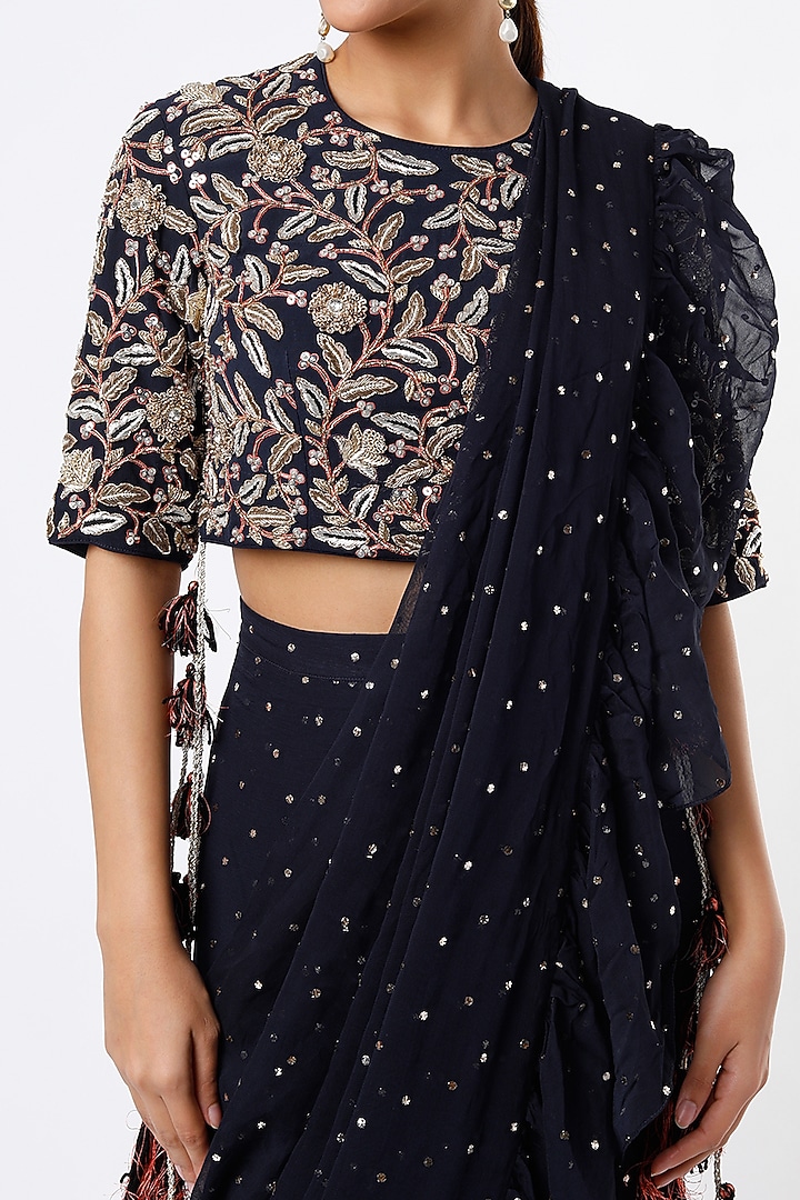 Dark Navy Blue Mukaish Pre-Stitched Wedding Saree Set by Payal Singhal at Pernia's Pop Up Shop