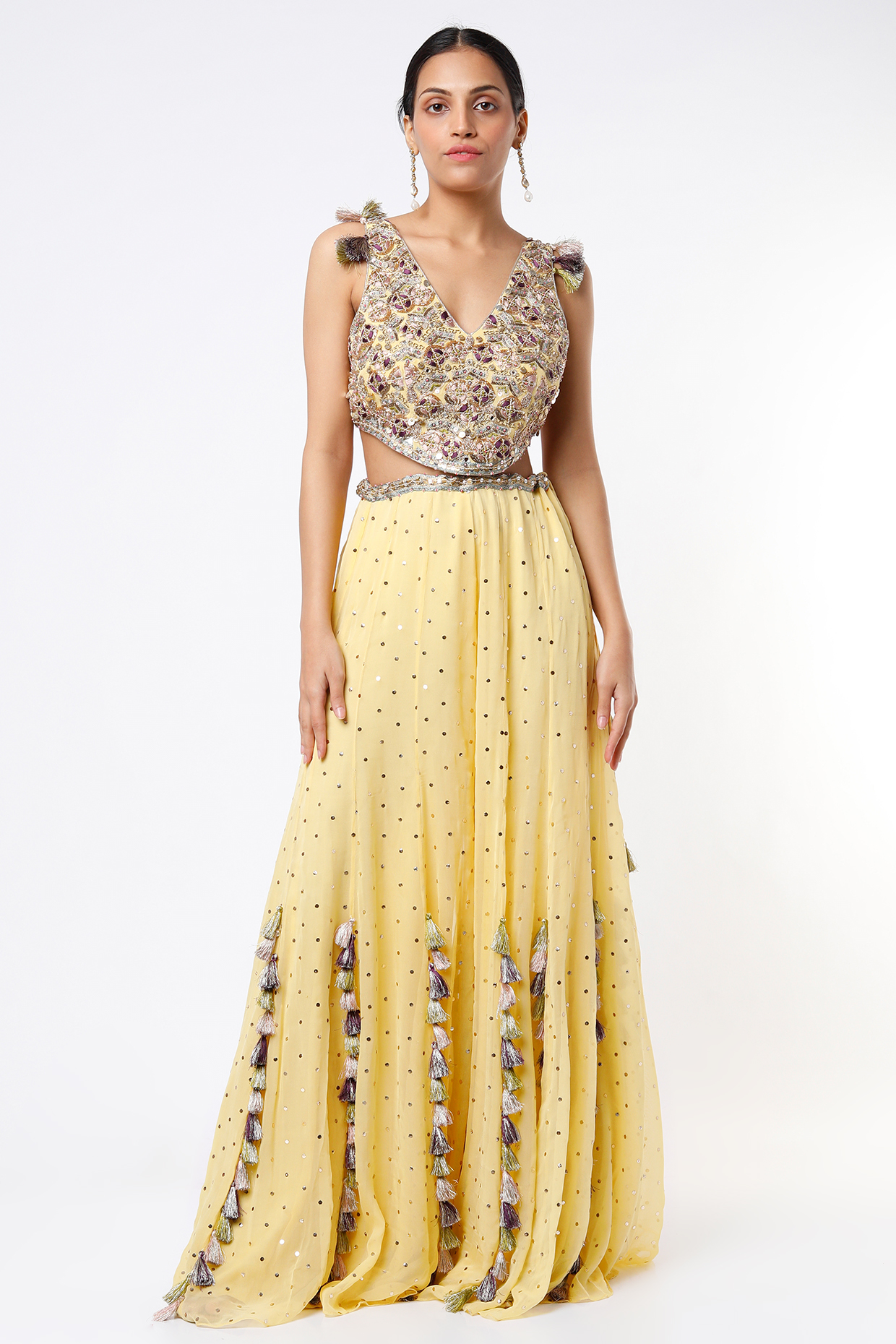 Butter Yellow Tasseled Wedding Sharara Set by Payal Singhal at Pernia's Pop Up Shop
