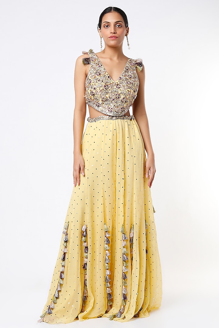 Butter Yellow Tasseled Wedding Sharara Set by Payal Singhal at Pernia's Pop Up Shop