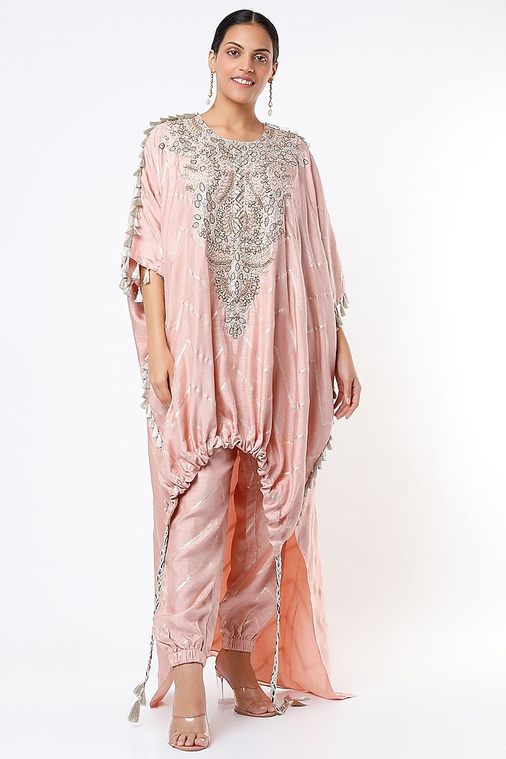 Rose Pink Embroidered High-Low Kaftan Set by Payal Singhal at Pernia's Pop Up Shop