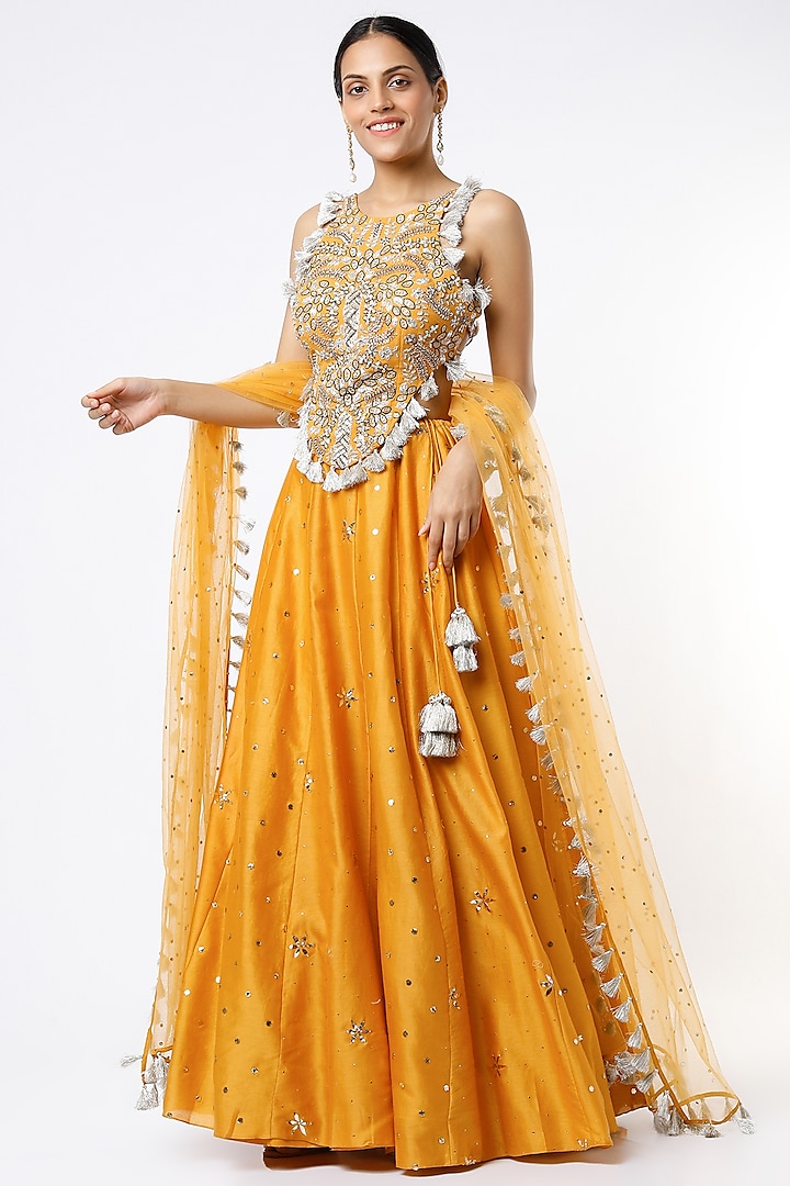 German Mustard Embroidered Wedding Lehenga Set by Payal Singhal at Pernia's Pop Up Shop