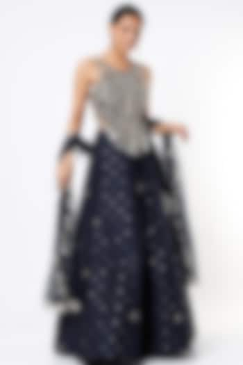 Dark Navy Blue Mukaish Silk Mul Wedding Lehenga Set by Payal Singhal at Pernia's Pop Up Shop