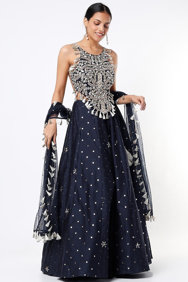 Dark Navy Blue Mukaish Silk Mul Wedding Lehenga Set by Payal Singhal at Pernia's Pop Up Shop