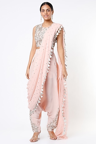 Rose Pink Crepe & Mukaish Georgette Dhoti Saree Set by Payal Singhal