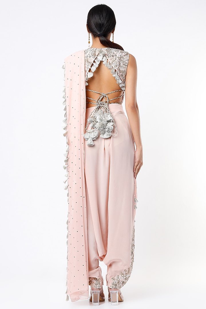 Rose Pink Crepe & Mukaish Georgette Dhoti Wedding Saree Set by Payal Singhal at Pernia's Pop Up Shop