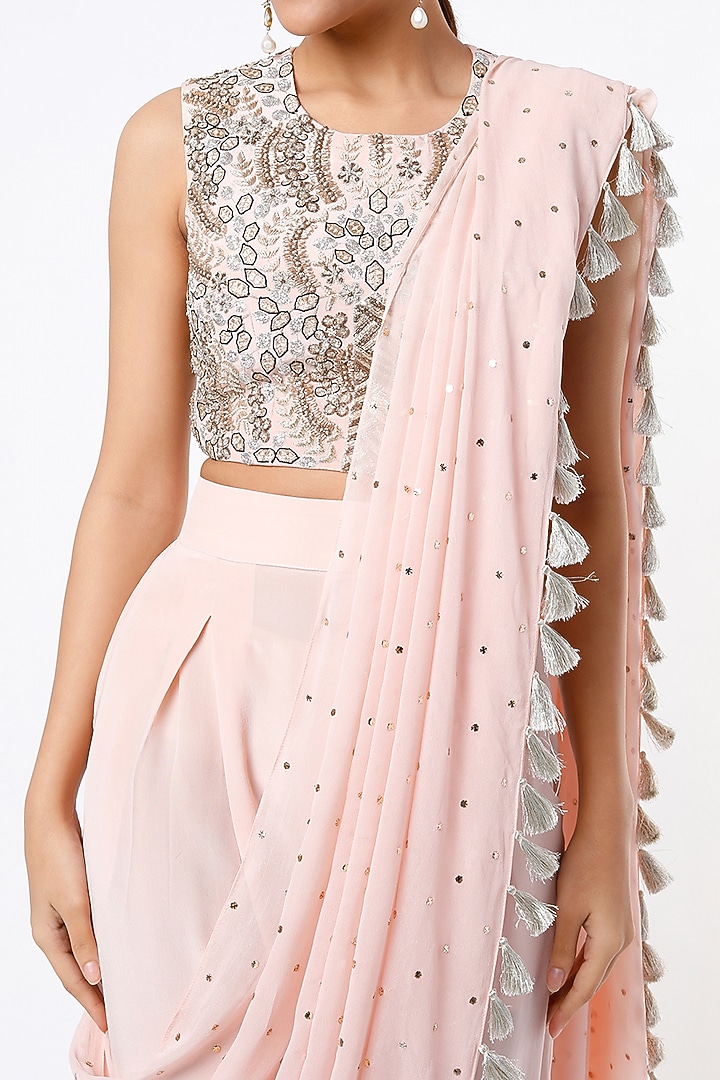 Rose Pink Crepe & Mukaish Georgette Dhoti Wedding Saree Set by Payal Singhal at Pernia's Pop Up Shop