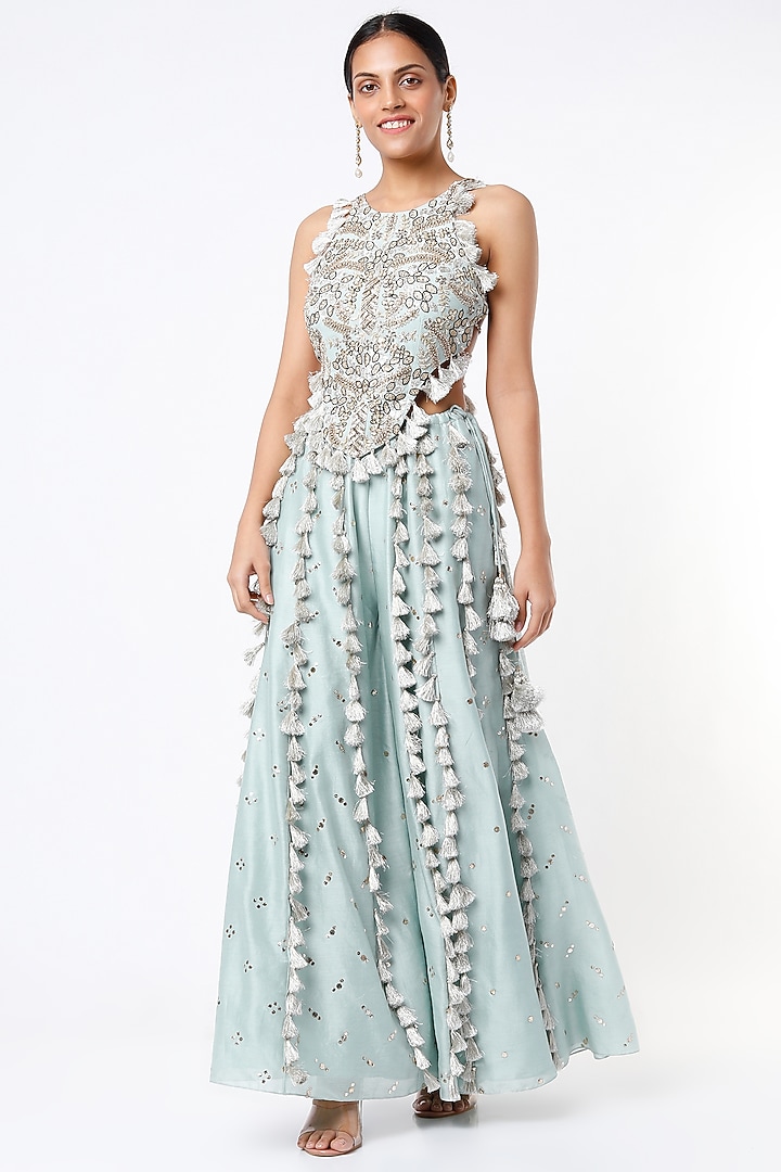 Powder Blue Mukaish Silk Mul Wedding Sharara Set by Payal Singhal at Pernia's Pop Up Shop