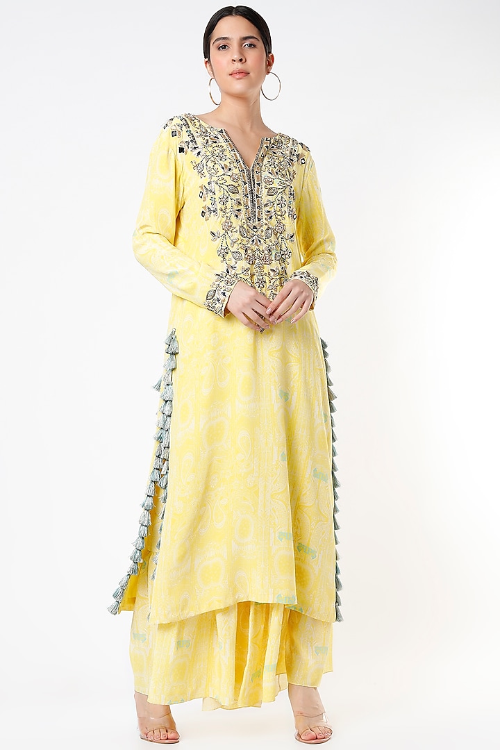 Butter Yellow Embroidered Frilled Sharara Set by Payal Singhal at Pernia's Pop Up Shop