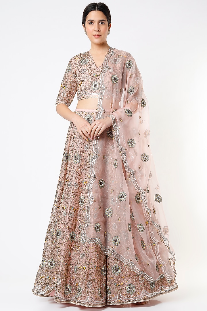 Light Rose Pink Embroidered & Printed Bridal Lehenga Set by Payal Singhal at Pernia's Pop Up Shop