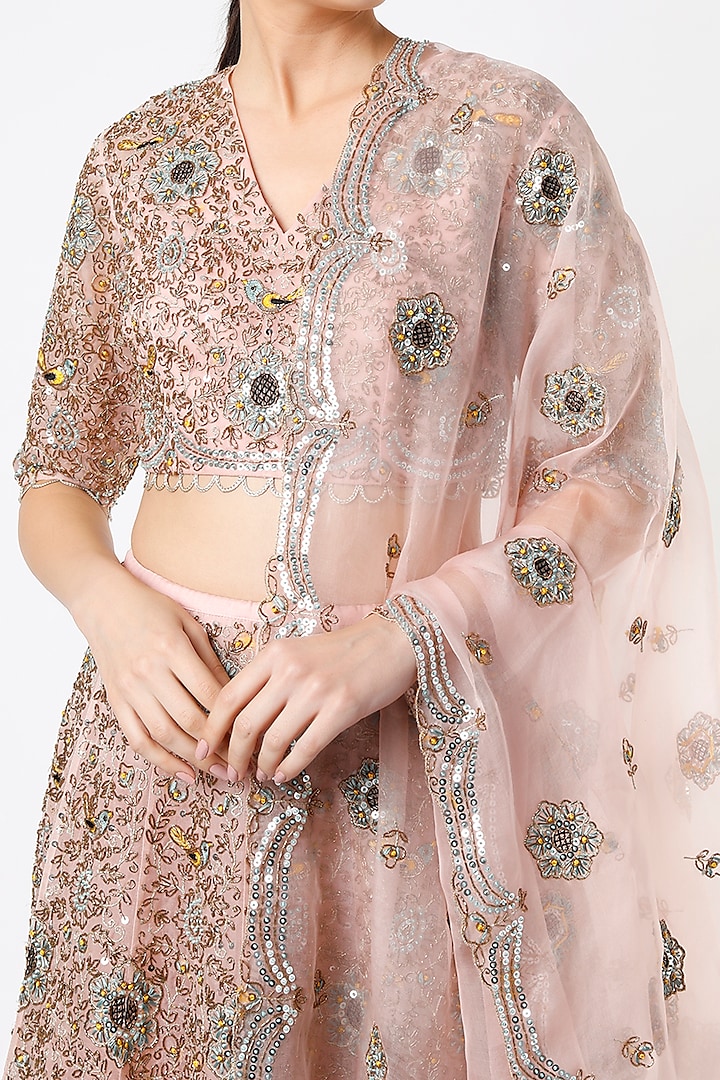 Light Rose Pink Embroidered & Printed Bridal Lehenga Set by Payal Singhal at Pernia's Pop Up Shop