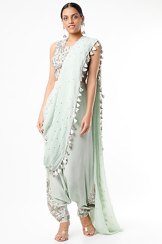 Powder Blue Mukaish Georgette Zardosi Embroidered Dhoti Saree Set by Payal Singhal