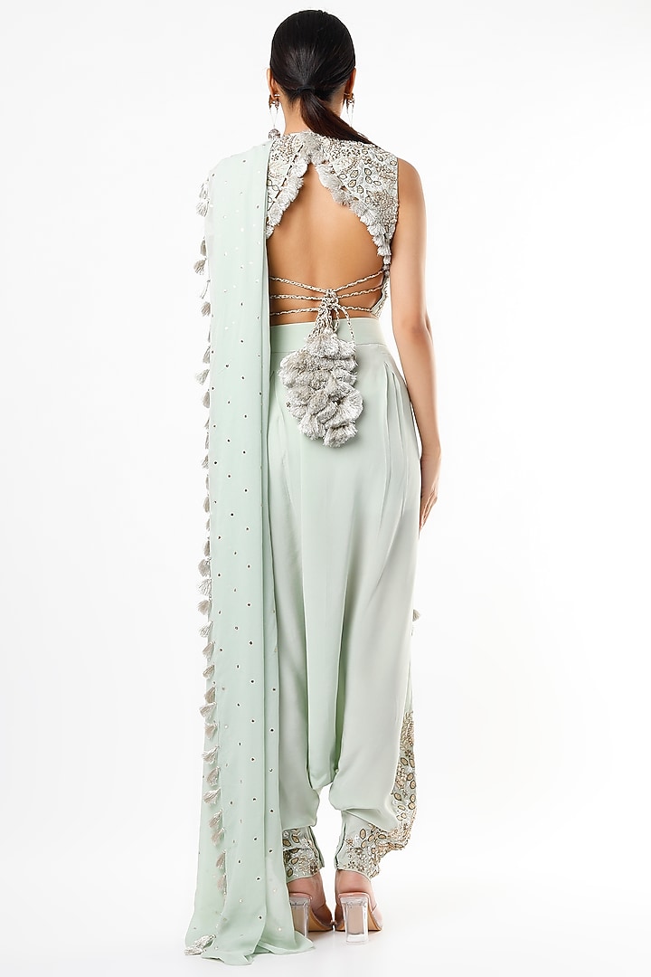Powder Blue Mukaish Georgette Zardosi Embroidered Dhoti Wedding Saree Set by Payal Singhal at Pernia's Pop Up Shop