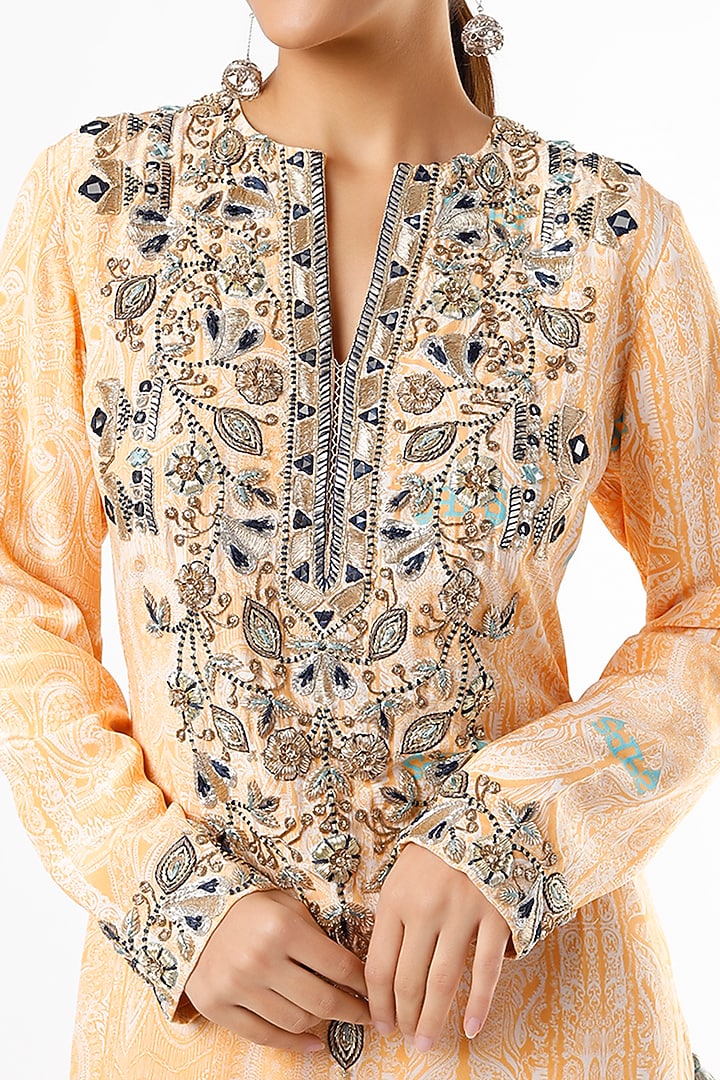 Peach Printed Frilled Wedding Sharara Set by Payal Singhal at Pernia's Pop Up Shop