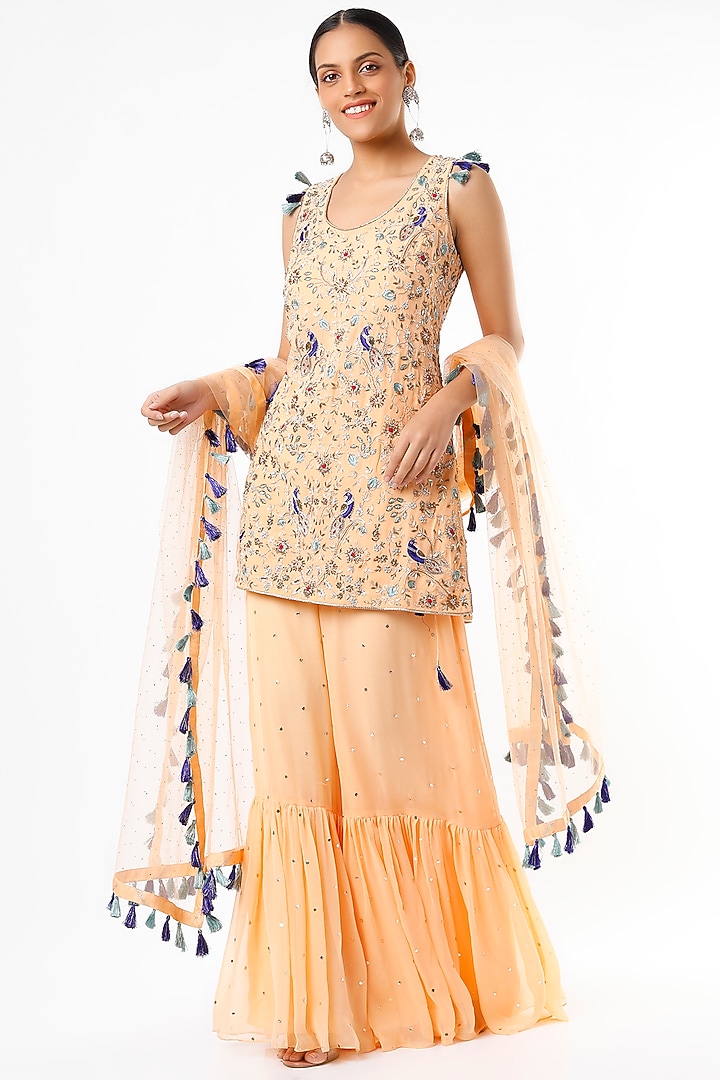 Peach Frilled Bridal Sharara Set by Payal Singhal at Pernia's Pop Up Shop