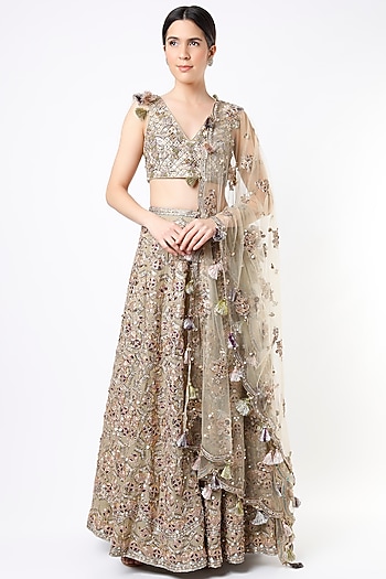 Cabbage Green Embroidered Bridal Lehenga Set by Payal Singhal at Pernia's Pop Up Shop
