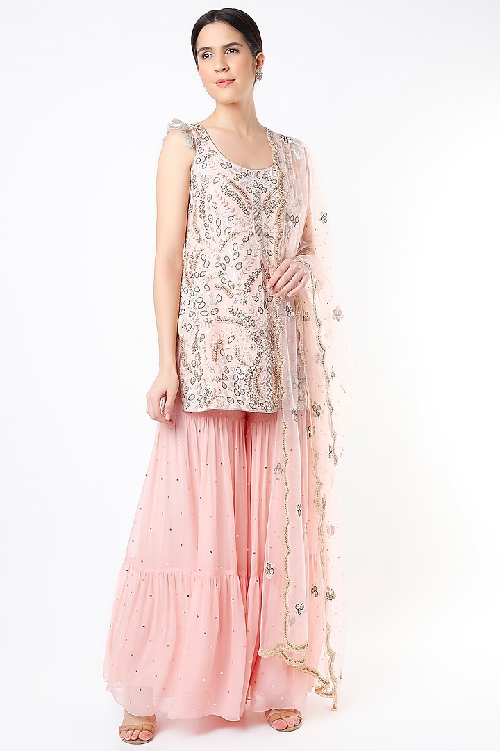 Light Pink Mukaish Georgette Bridal Sharara Set by Payal Singhal at Pernia's Pop Up Shop