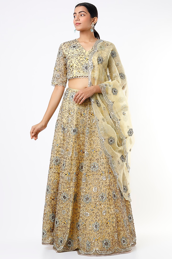 Pale Yellow Embroidered Bridal Lehenga Set by Payal Singhal at Pernia's Pop Up Shop