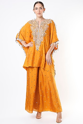 Hot Orange Embroidered Kaftan Set by Payal Singhal