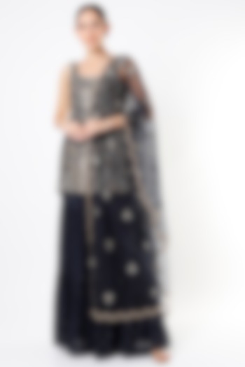 Dark Navy Blue Mukaish Georgette Sharara Set by Payal Singhal at Pernia's Pop Up Shop