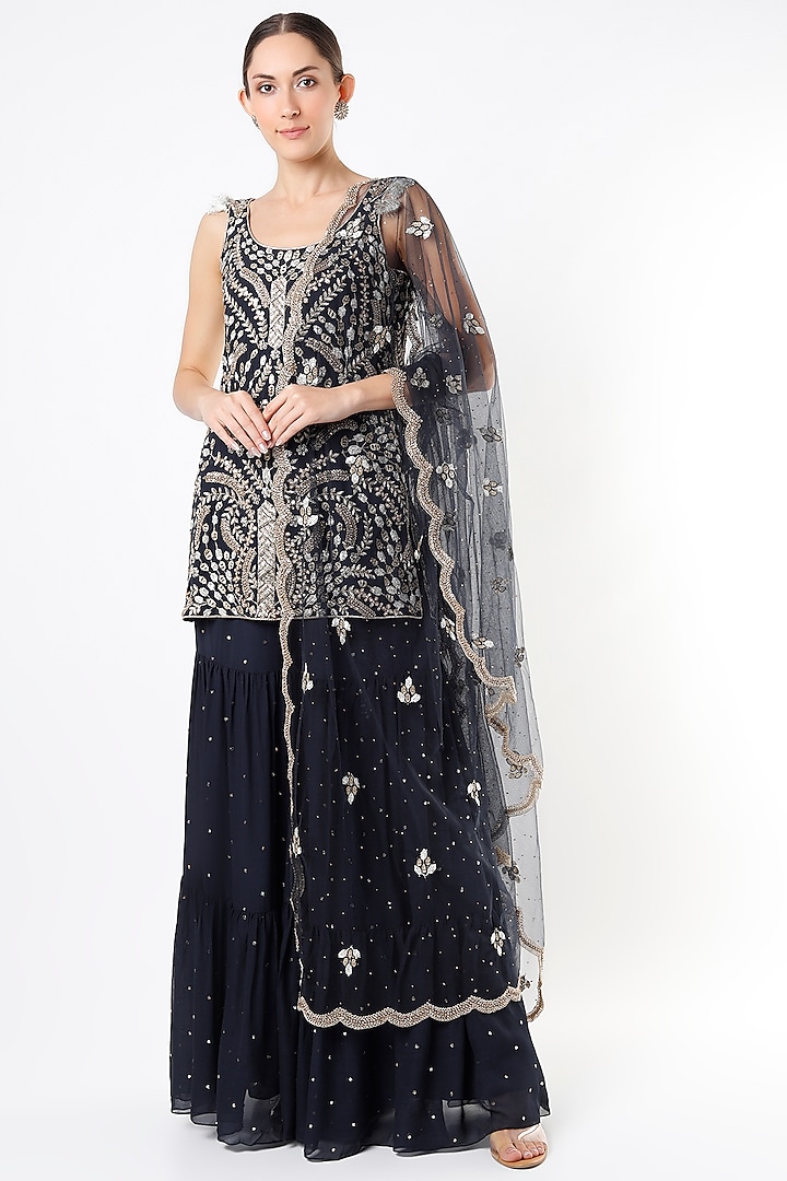 Dark Navy Blue Mukaish Georgette Sharara Set by Payal Singhal at Pernia's Pop Up Shop