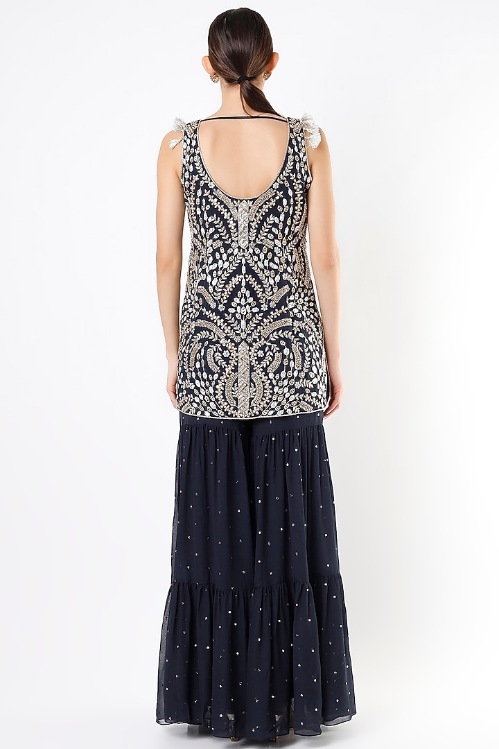 Dark Navy Blue Mukaish Georgette Bridal Sharara Set by Payal Singhal at Pernia's Pop Up Shop